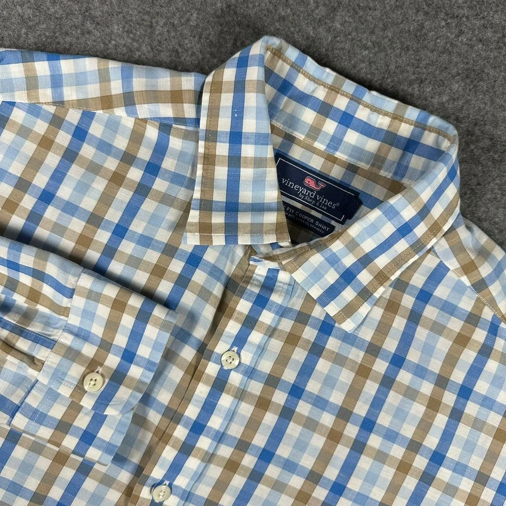 Vineyard Vines Mens Large Classic Fit Cooper Shirt Blue Brown Plaid‎ Preppy